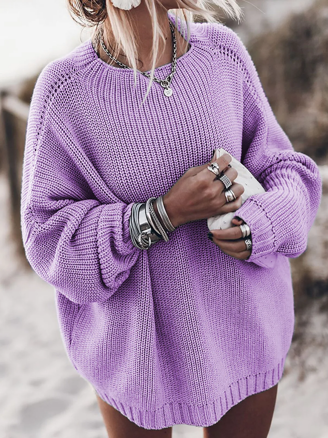 Gilberte | Pull chic oversize en grosse maille côtelée à col rond pour femme