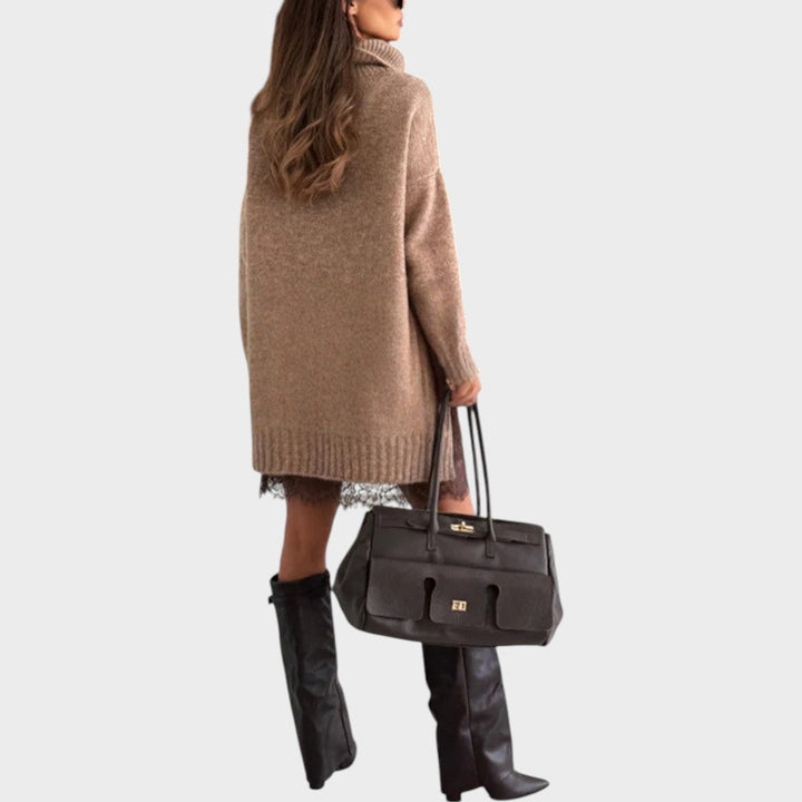 Anne-Laure | Robe pull chic oversize longue à col roulé en maille côtelée pour femme