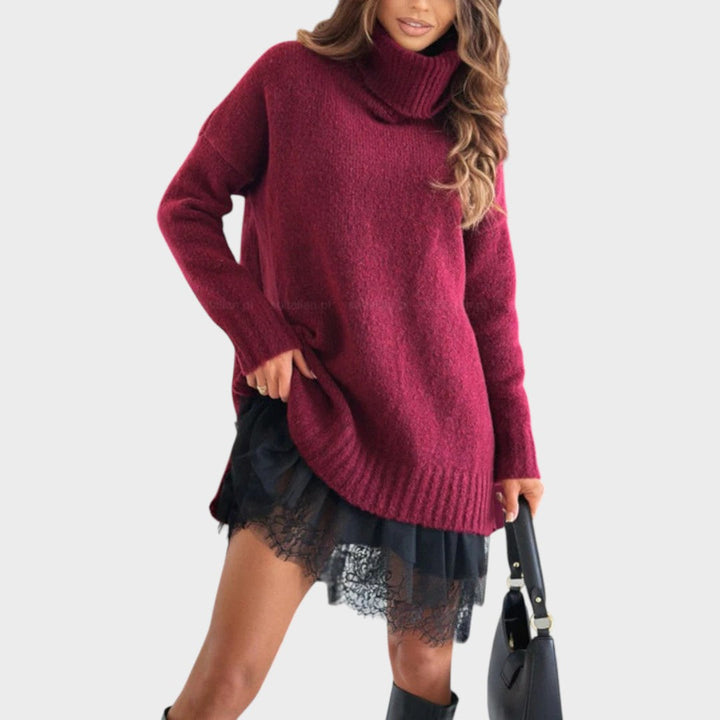 Anne-Laure | Robe pull chic oversize longue à col roulé en maille côtelée pour femme