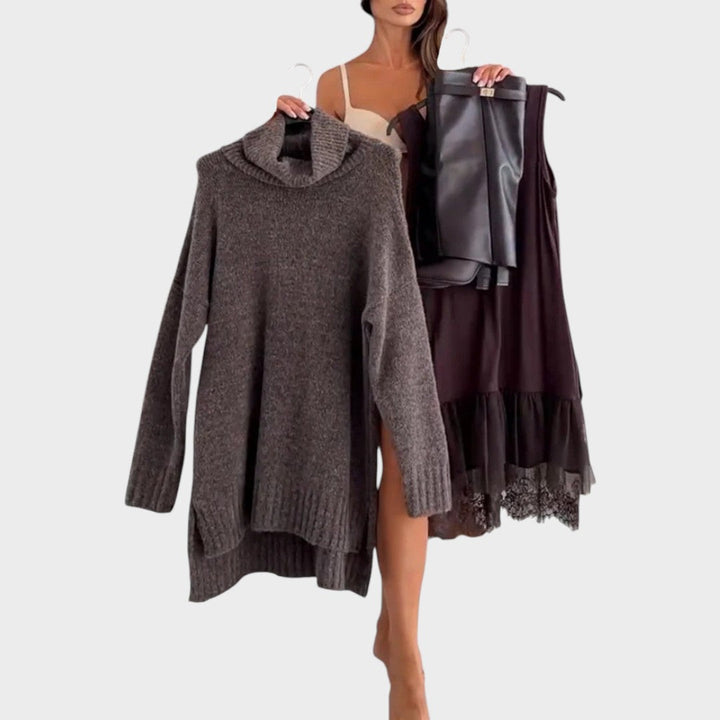 Anne-Laure | Robe pull chic oversize longue à col roulé en maille côtelée pour femme