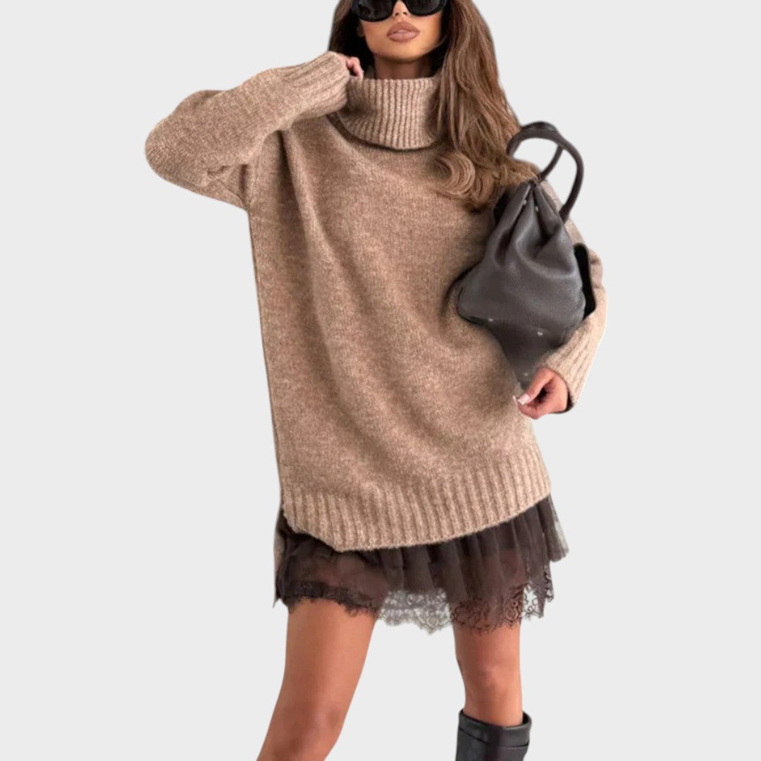 Anne-Laure | Robe pull chic oversize longue à col roulé en maille côtelée pour femme