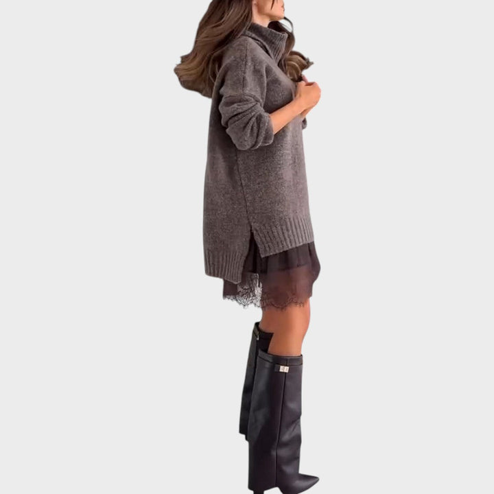 Anne-Laure | Robe pull chic oversize longue à col roulé en maille côtelée pour femme