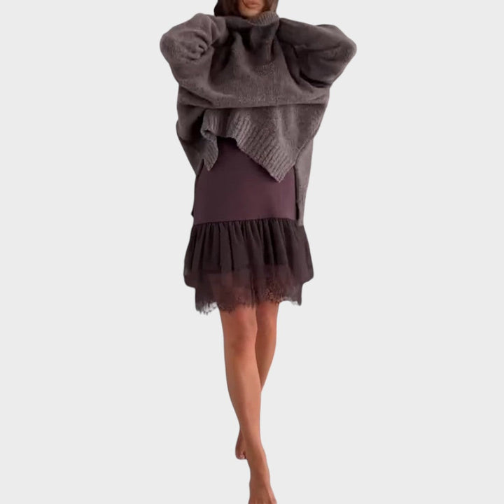 Anne-Laure | Robe pull chic oversize longue à col roulé en maille côtelée pour femme