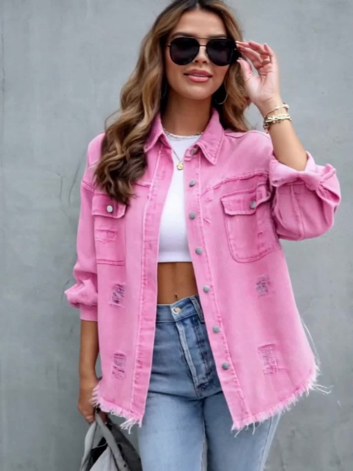 Charlotte | Veste chic en jean rose délavée à poches pour femme