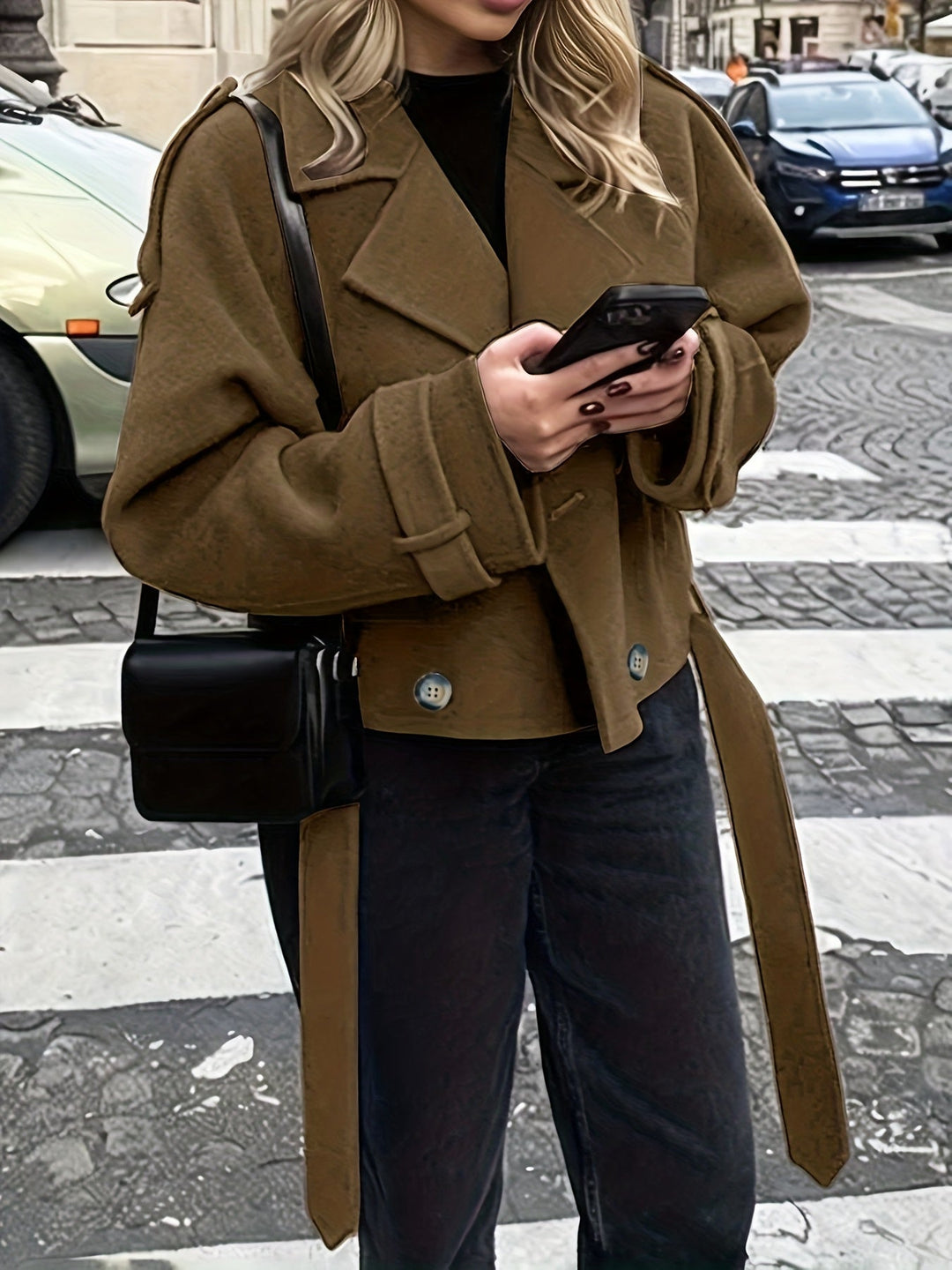 Swann | Caban chic oversize en laine marron à double boutonnage pour femme