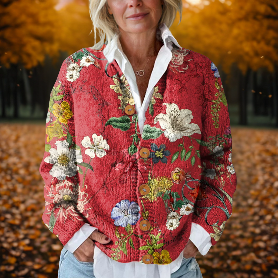 Marilou | Cardigan élégant en maille côtelée à imprimé floral vintage et boutons pour femme