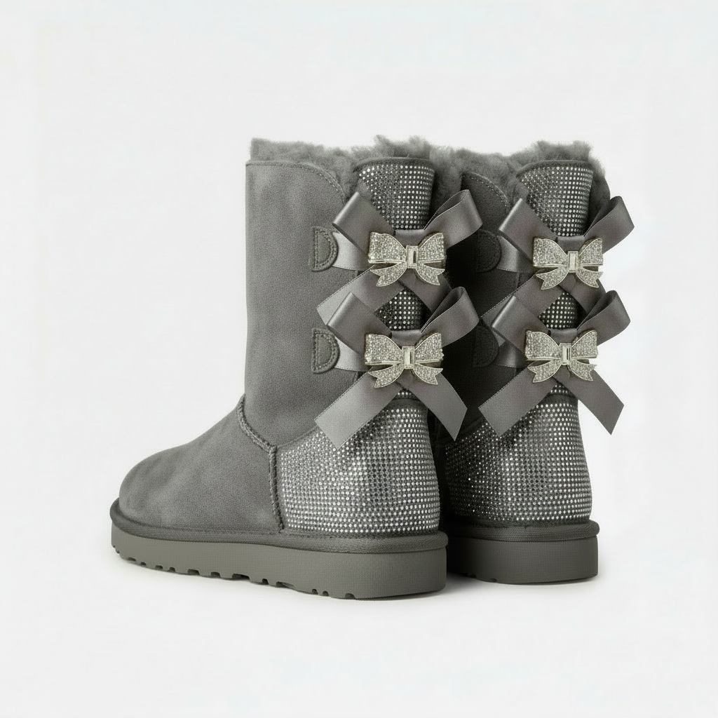 Aurore | Bottes chic en daim à nœuds pailletés et bordure en mouton pour femme