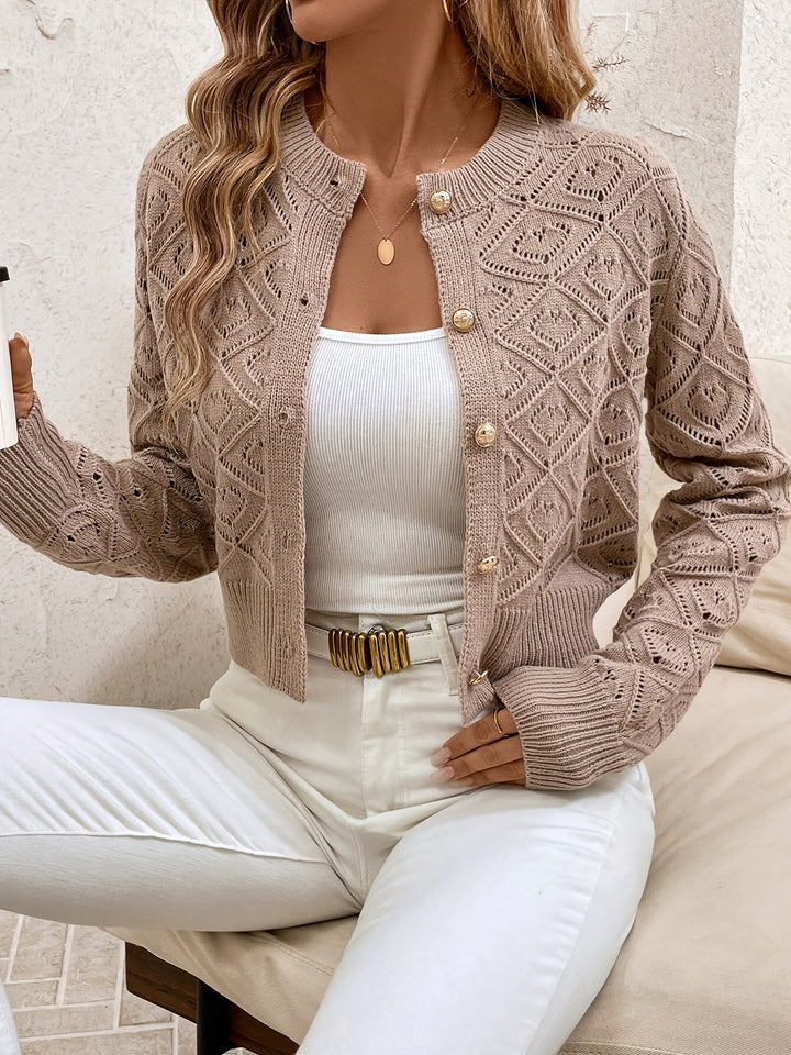 Giulia | Cardigan élégant court en maille texturée à col rond et boutons pour femme