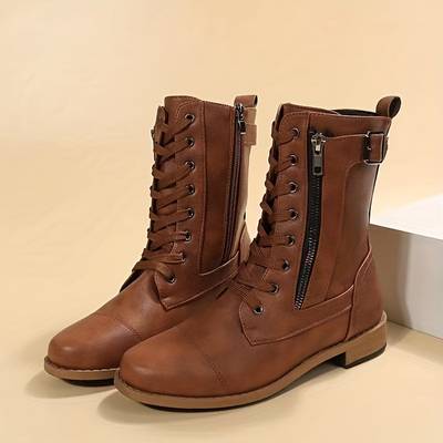 Lorette | Bottes chic en cuir synthétique à lacets et fermeture éclair pour femme
