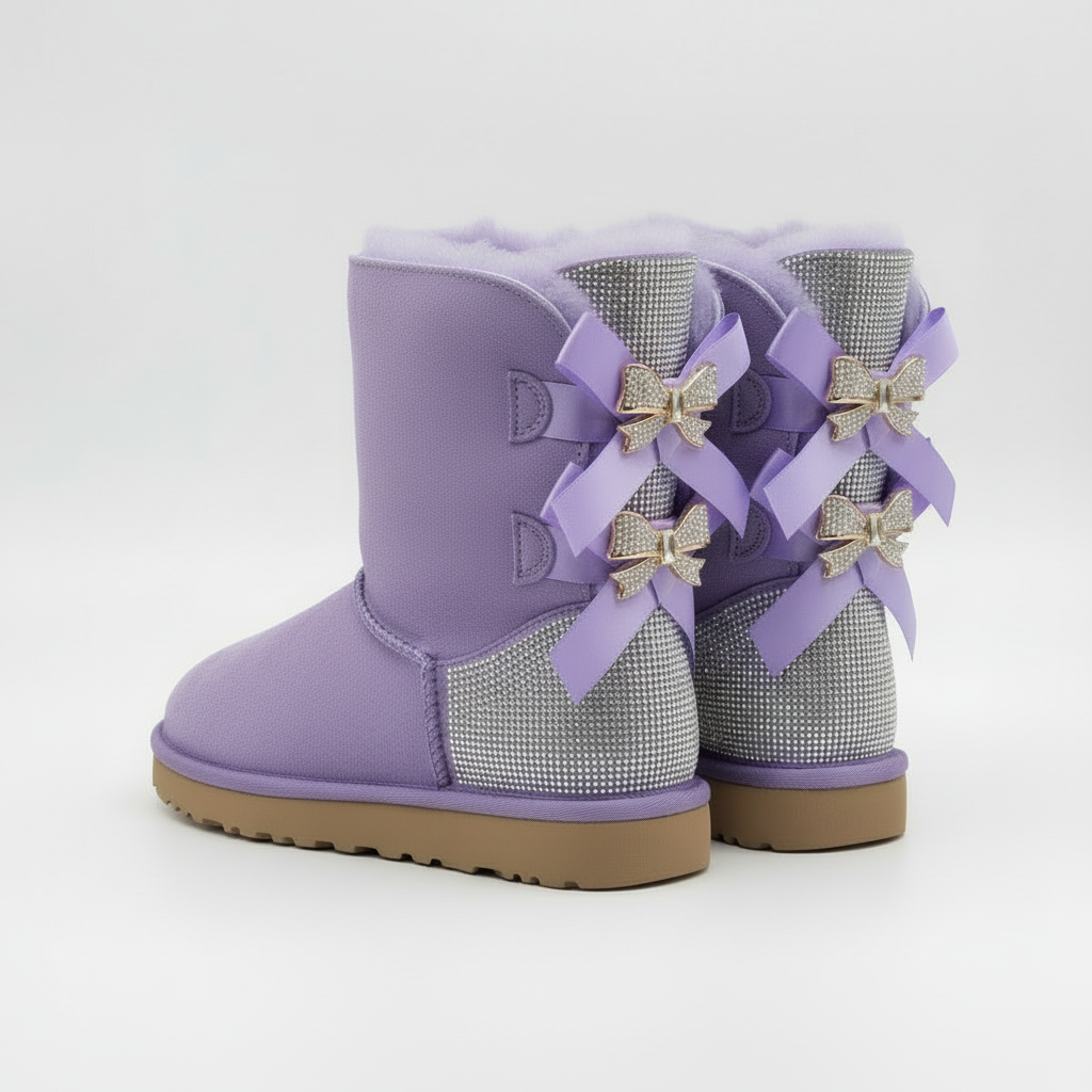 Aurore | Bottes chic en daim à nœuds pailletés et bordure en mouton pour femme
