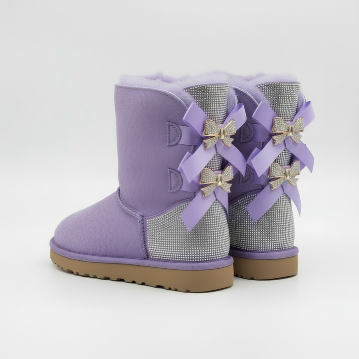 Aurore | Bottes chic en daim à nœuds pailletés et bordure en mouton pour femme