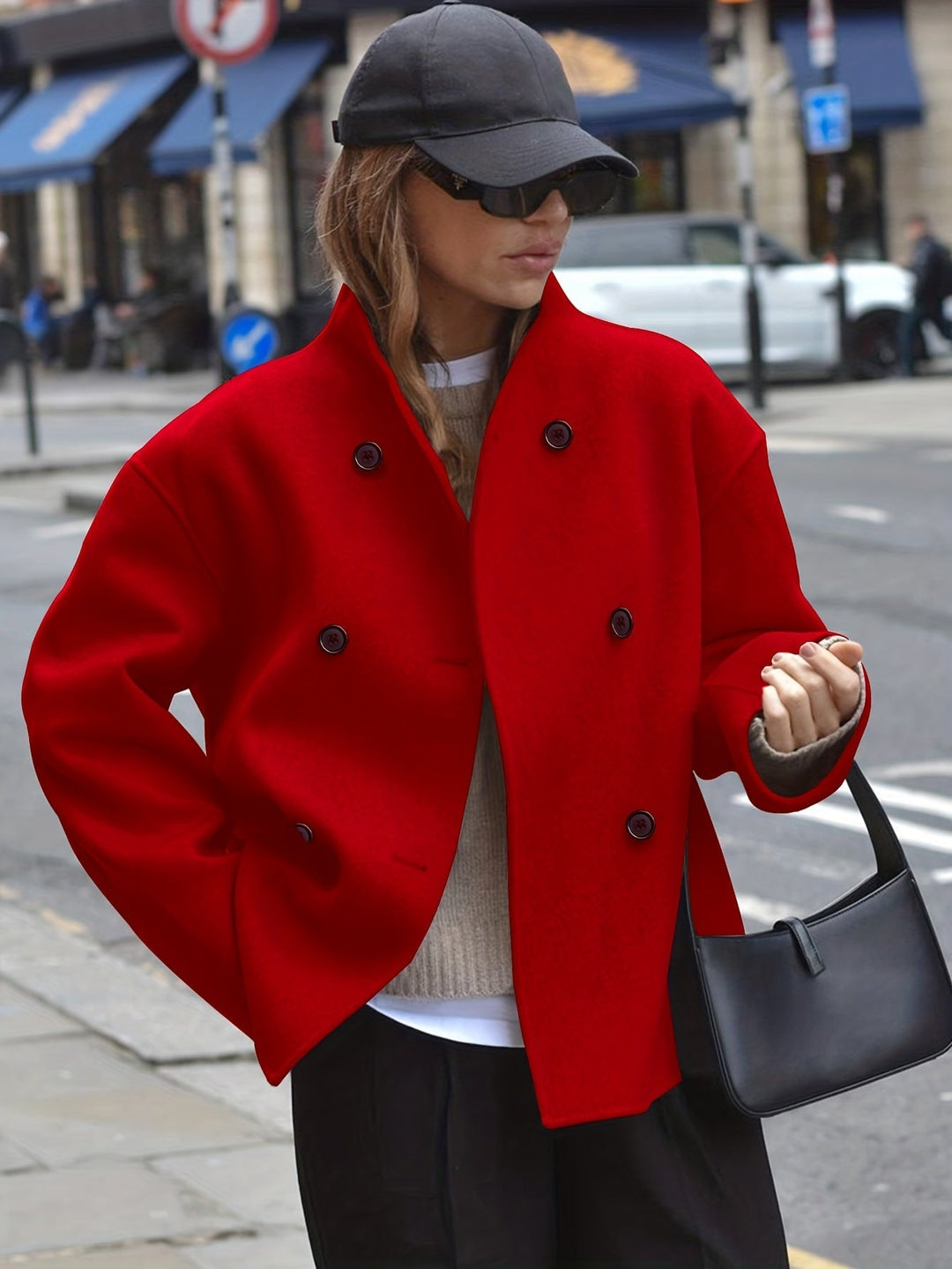 Emma | Caban chic court oversize en laine à double boutonnage pour femme