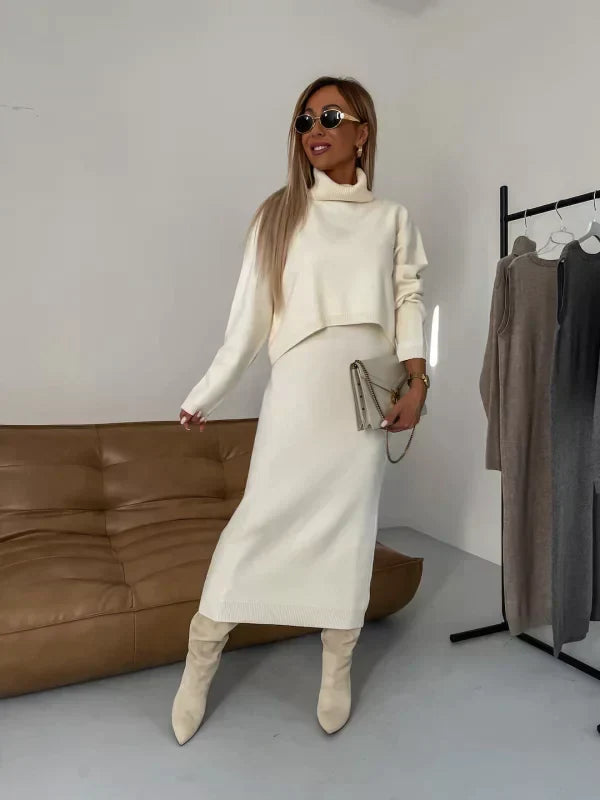 Olympe | Ensemble deux pièces chic en maille robe pull sans manches et pull à col roulé pour femme
