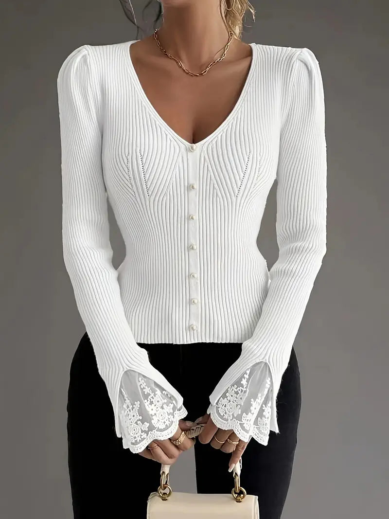 Louise | Pull chic à col en v et côtes pour femmes