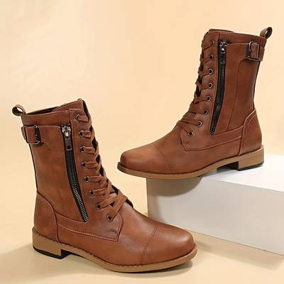 Lorette | Bottes chic en cuir synthétique à lacets et fermeture éclair pour femme