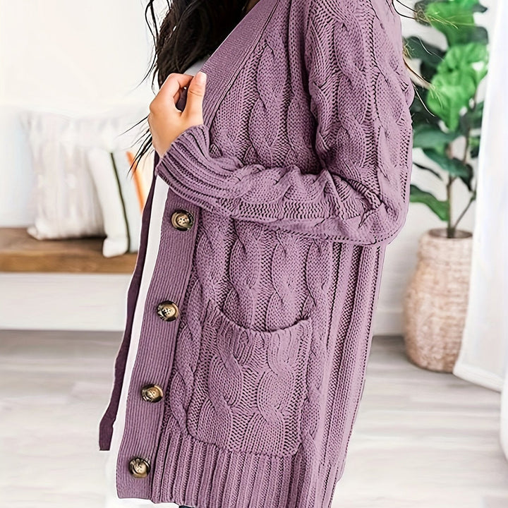 Nathalie | Gilet chic en maille torsadée à col V et boutons pour femme