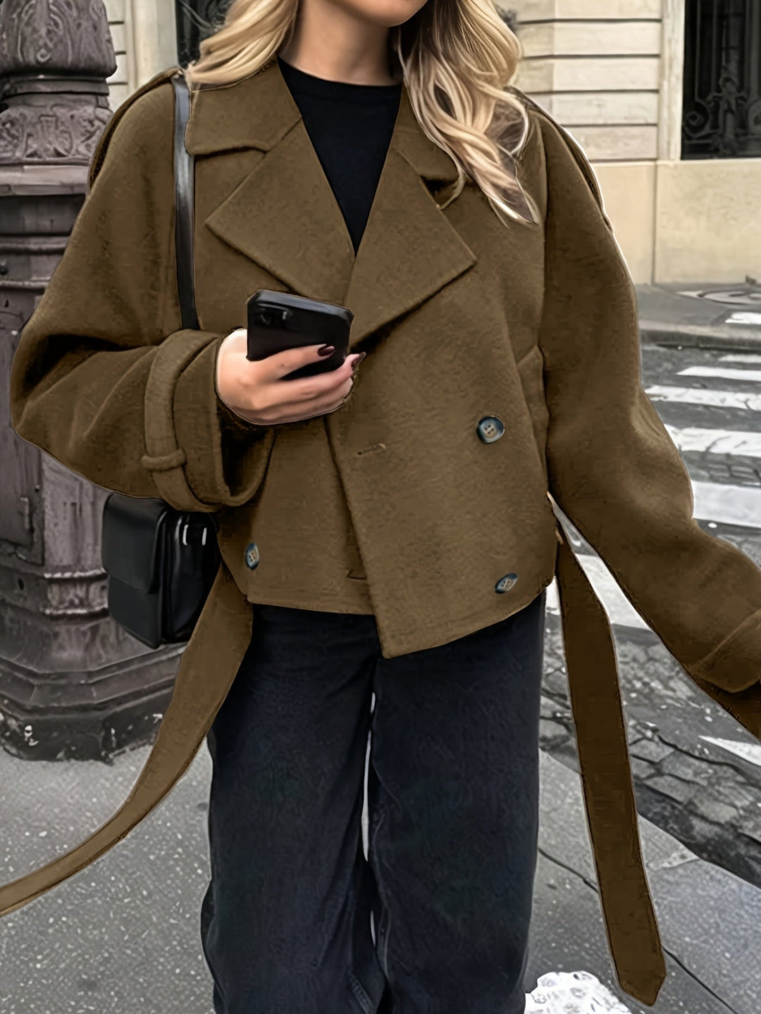 Swann | Caban chic oversize en laine marron à double boutonnage pour femme
