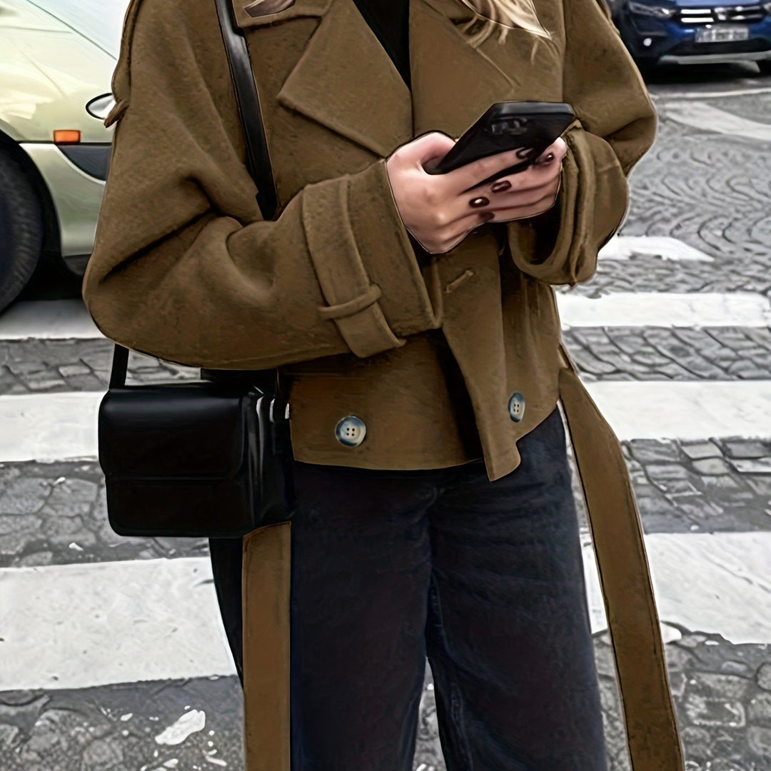 Swann | Caban chic oversize en laine marron à double boutonnage pour femme