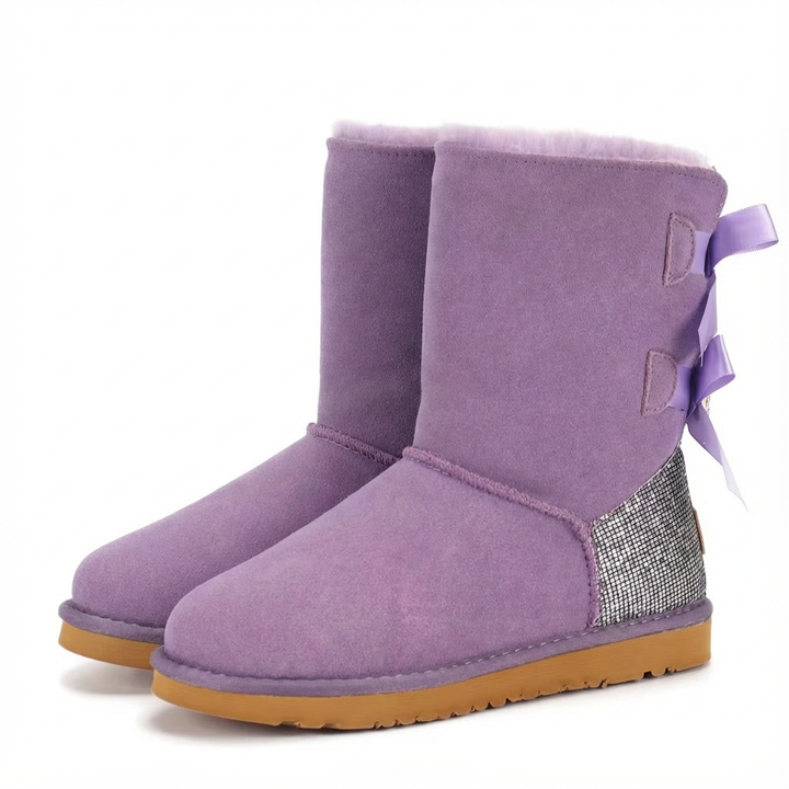 Aurore | Bottes chic en daim à nœuds pailletés et bordure en mouton pour femme