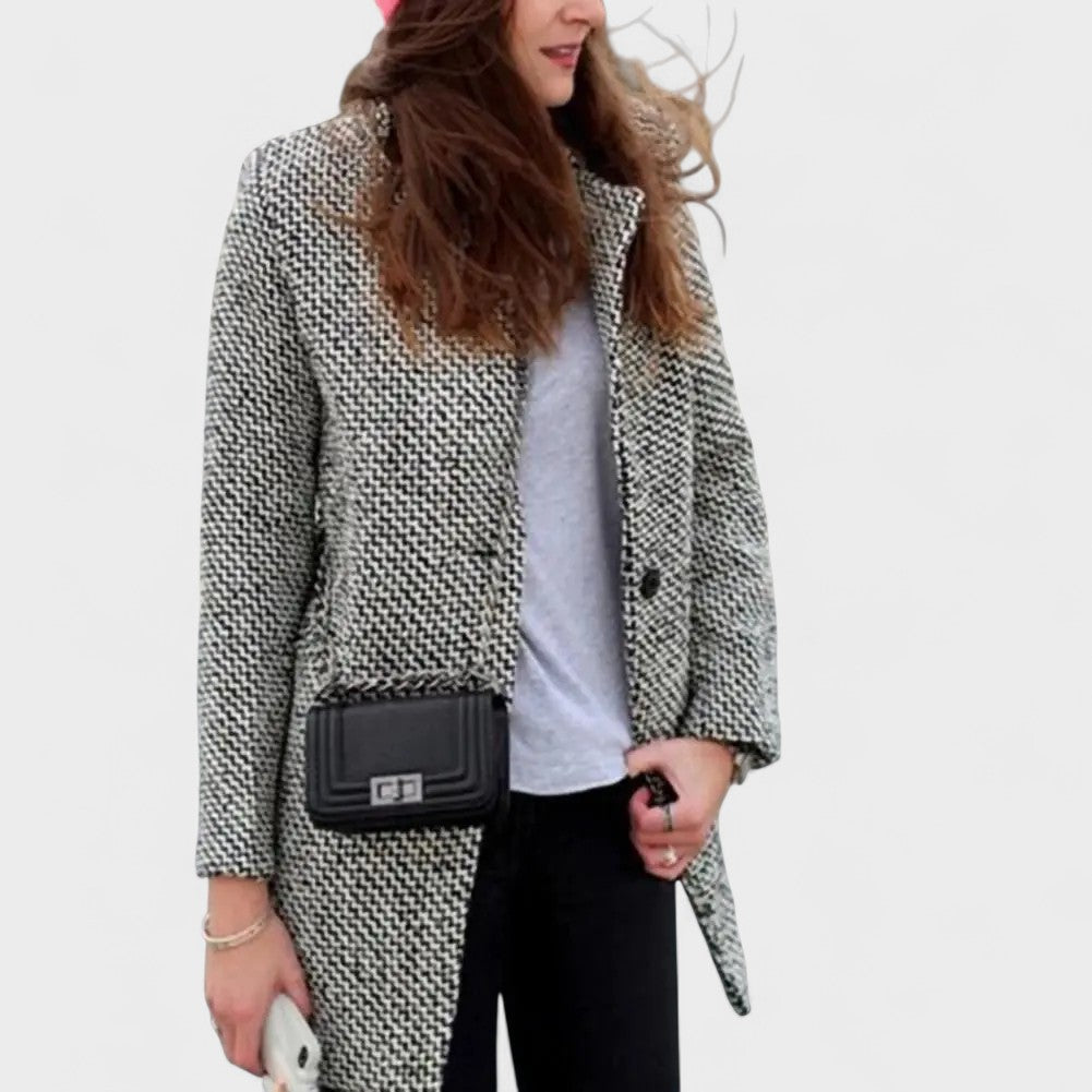 Guillemette | Manteau élégant motif pied-de-poule à double boutonnage et col à revers pour femme
