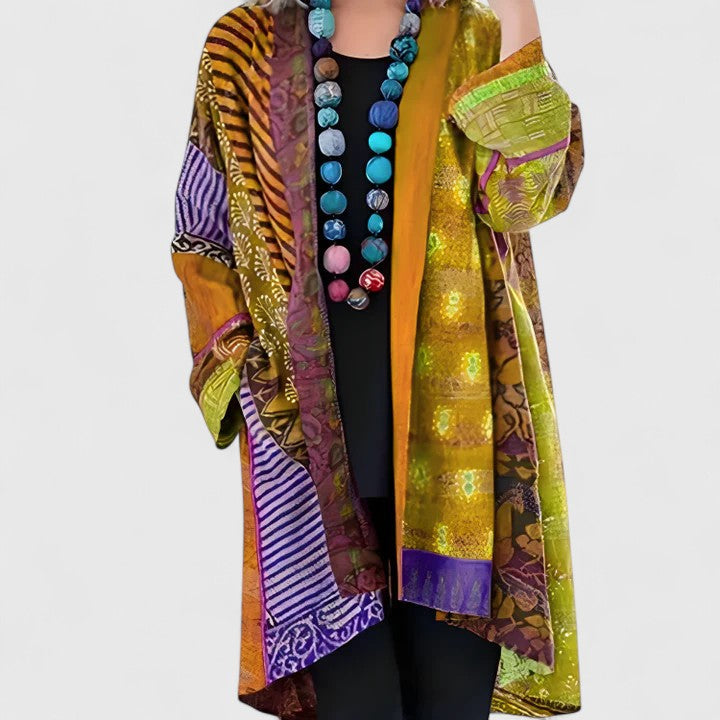 Anastasia | Cardigan élégant long à col châle et imprimé multicolore pour femme