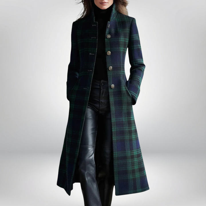 Mireille | Manteau élégant hiver long à carreaux col montant pour femme