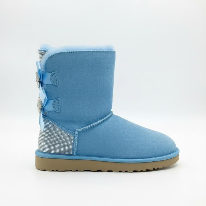 Aurore | Bottes chic en daim à nœuds pailletés et bordure en mouton pour femme