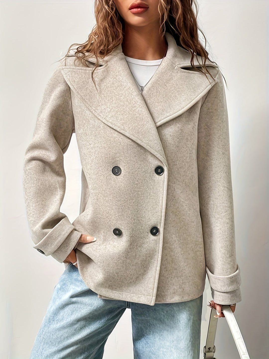 Marjolaine | Caban chic court oversize en polaire beige à double boutonnage pour femme