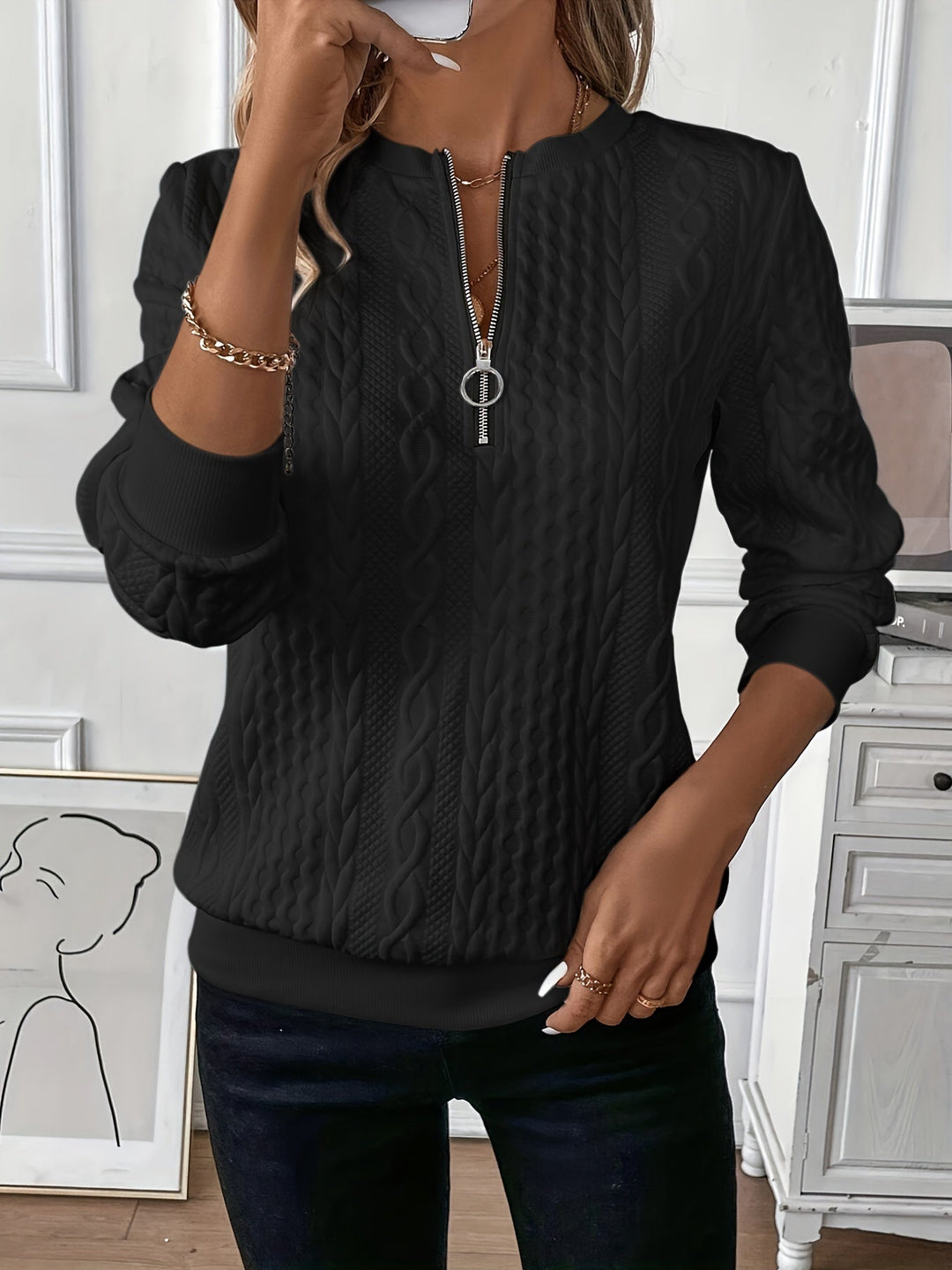 Roxanne | Pull élégant torsadé zippé à col rond pour femme