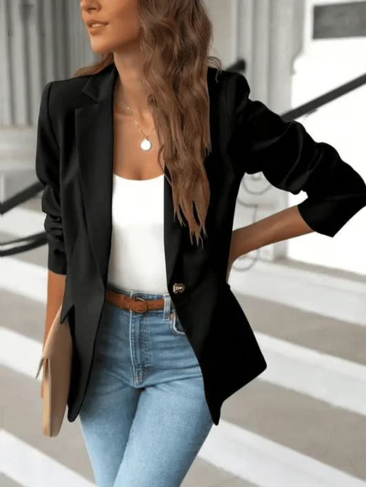 Théodora | Blazer chic blanc cassé à bouton unique et poches pour femme