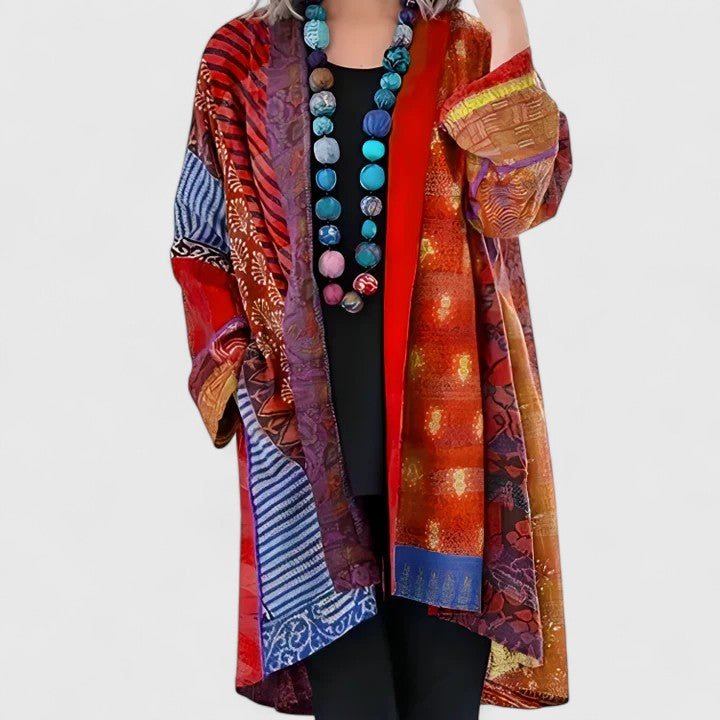 Anastasia | Cardigan élégant long à col châle et imprimé multicolore pour femme