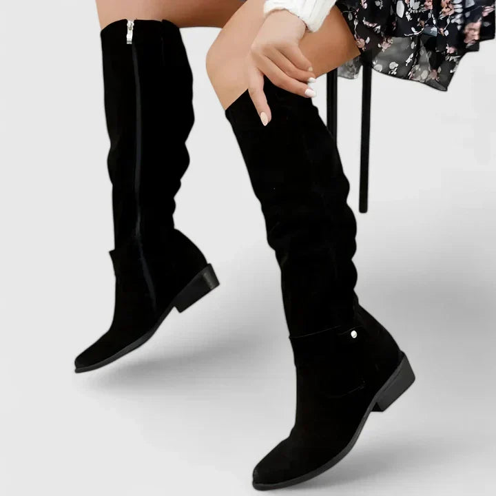 Daphné | Bottes chic montantes beiges effet daim à talon pour femme