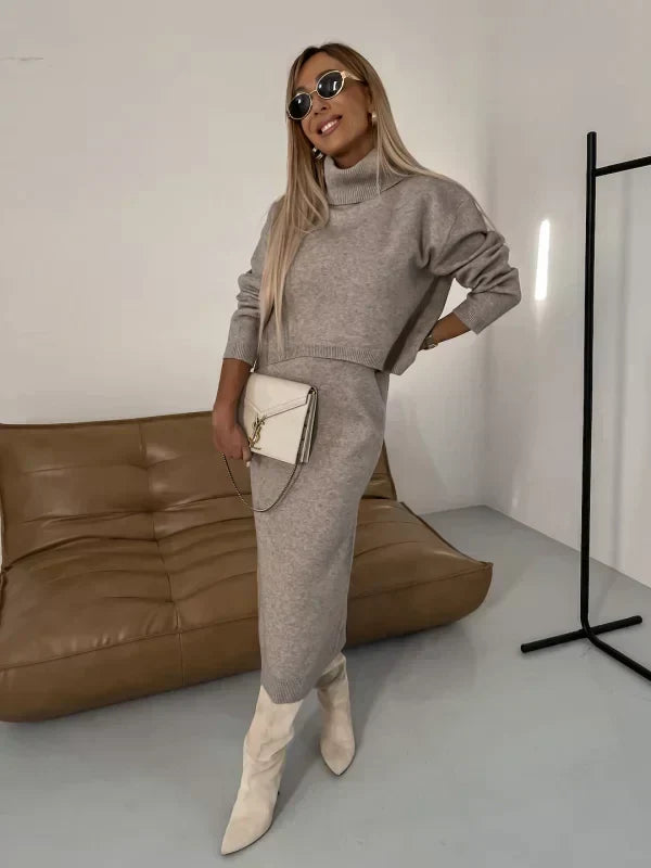Olympe | Ensemble deux pièces chic en maille robe pull sans manches et pull à col roulé pour femme