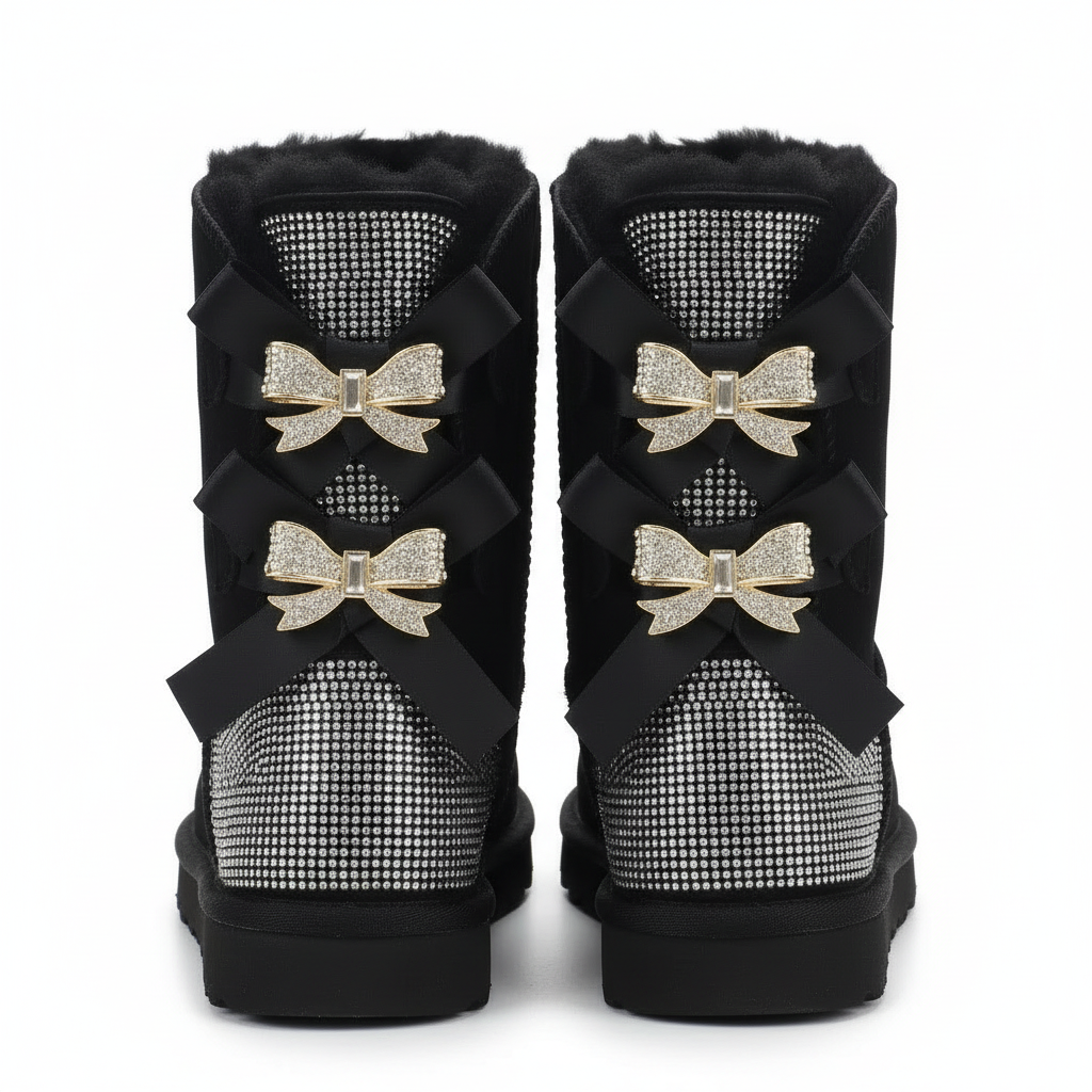 Aurore | Bottes chic en daim à nœuds pailletés et bordure en mouton pour femme