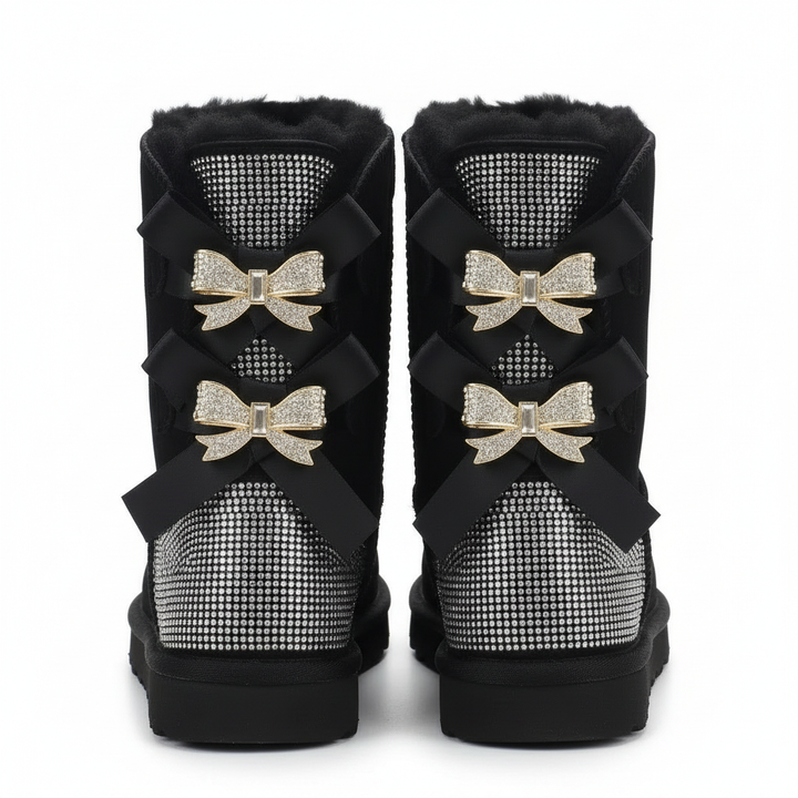 Aurore | Bottes chic en daim à nœuds pailletés et bordure en mouton pour femme