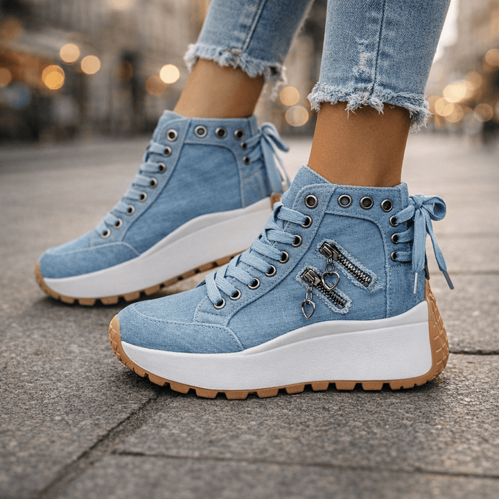 Étiennette | Baskets montantes chic à plateforme compensée avec fermeture à cœur et lacets pour femme