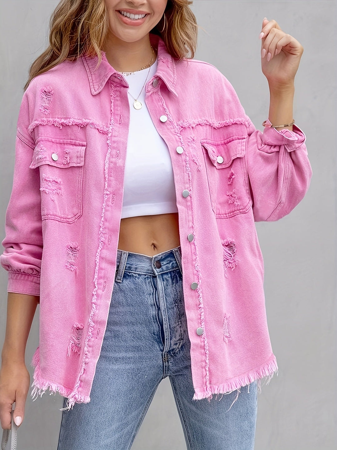 Charlotte | Veste chic en jean rose délavée à poches pour femme