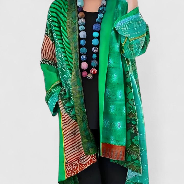 Anastasia | Cardigan élégant long à col châle et imprimé multicolore pour femme