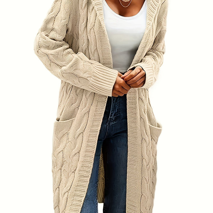 Chloé | Gilet long chic en maille torsadée à capuche pour femme