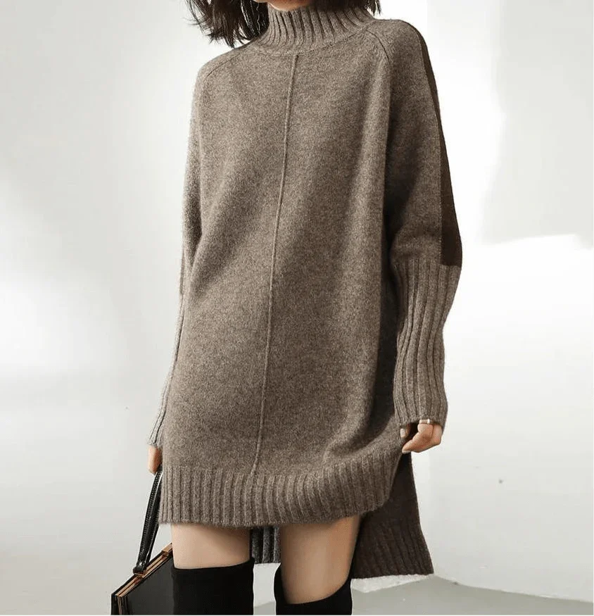 Gertrude | Robe pull élégante longue oversize en maille côtelée à col roulé pour femme