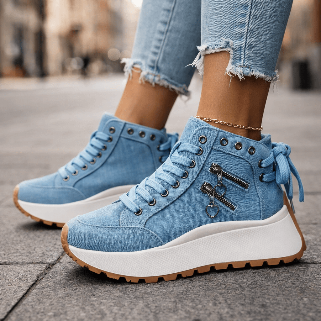 Étiennette | Baskets montantes chic à plateforme compensée avec fermeture à cœur et lacets pour femme