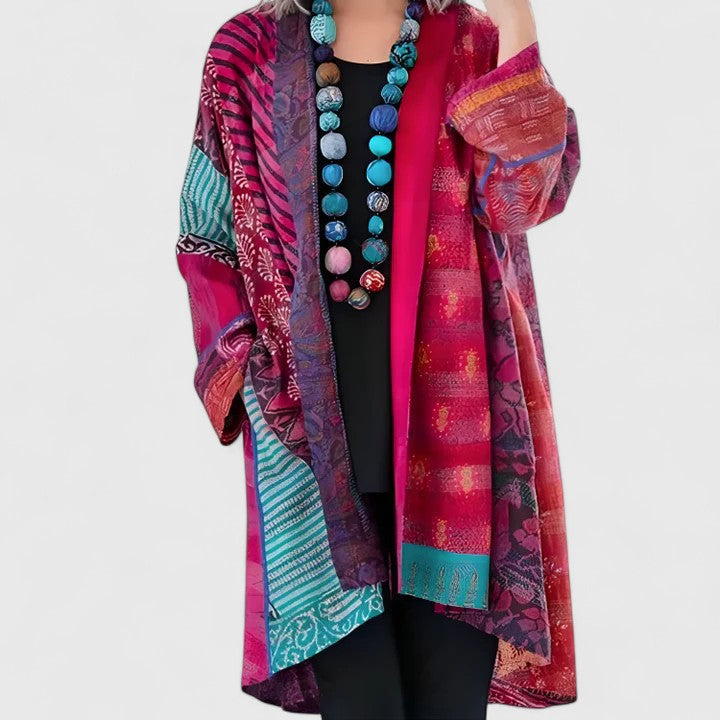 Anastasia | Cardigan élégant long à col châle et imprimé multicolore pour femme