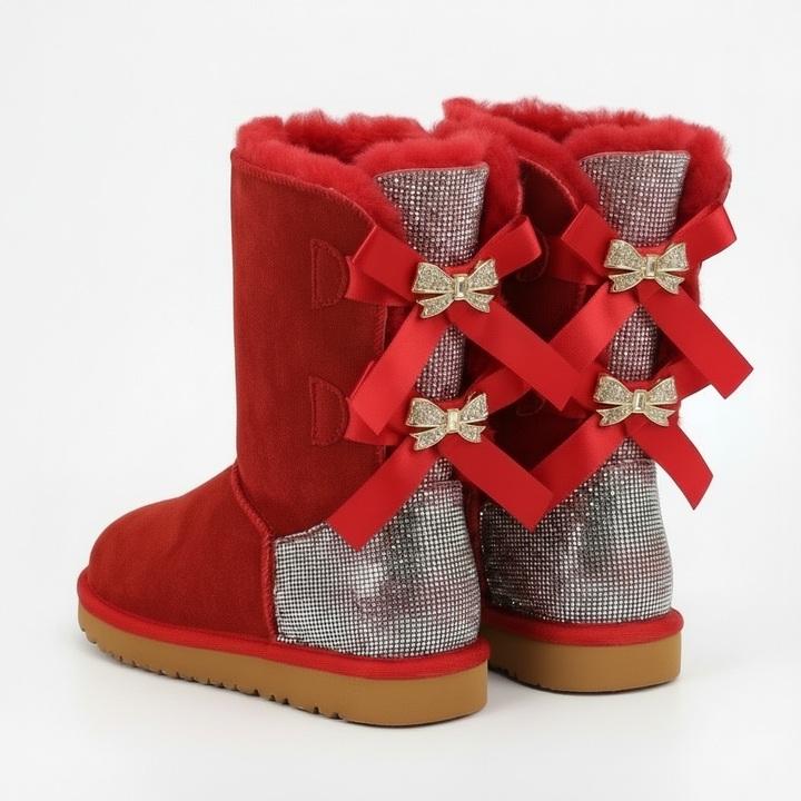 Aurore | Bottes chic en daim à nœuds pailletés et bordure en mouton pour femme