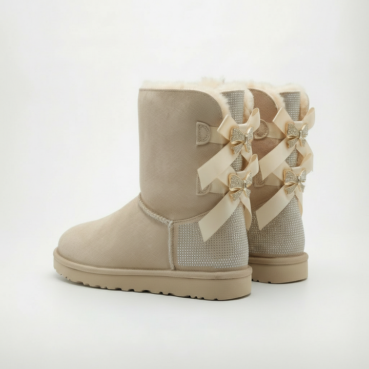 Aurore | Bottes chic en daim à nœuds pailletés et bordure en mouton pour femme