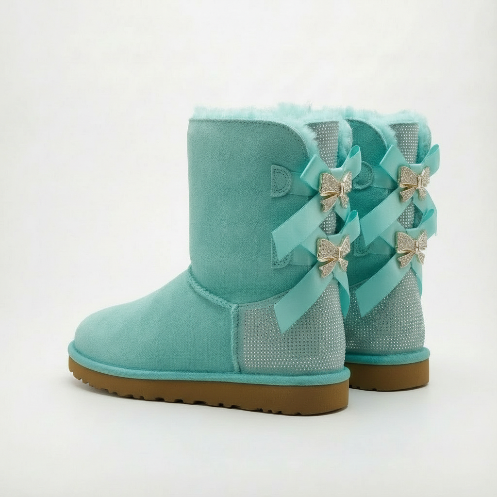 Aurore | Bottes chic en daim à nœuds pailletés et bordure en mouton pour femme