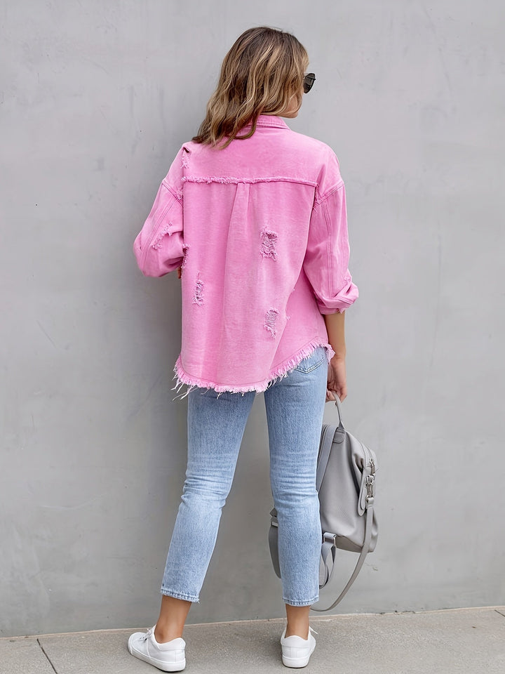 Charlotte | Veste chic en jean rose délavée à poches pour femme