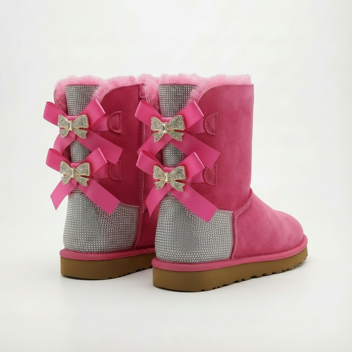 Aurore | Bottes chic en daim à nœuds pailletés et bordure en mouton pour femme