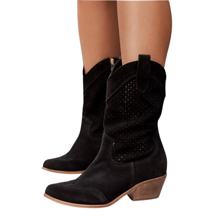 Pénélope | Bottines western chic en cuir perforé mi-mollet pour femme