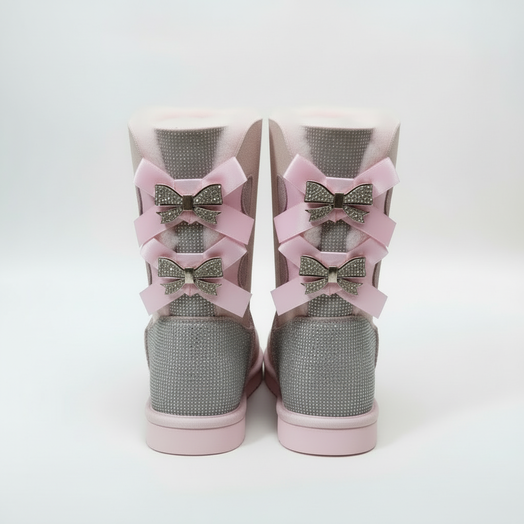 Aurore | Bottes chic en daim à nœuds pailletés et bordure en mouton pour femme