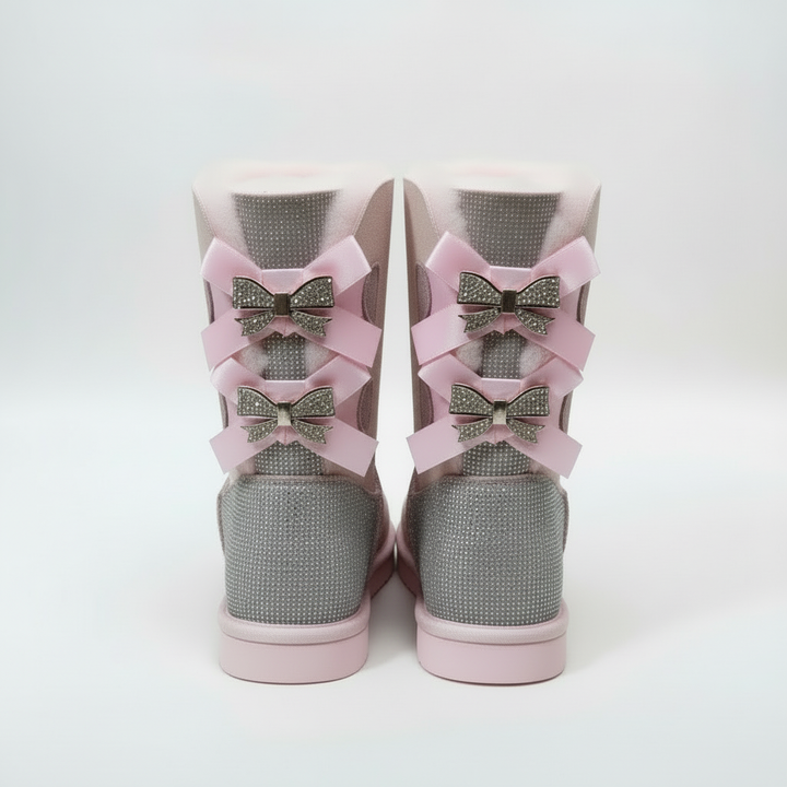 Aurore | Bottes chic en daim à nœuds pailletés et bordure en mouton pour femme